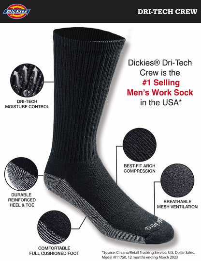 Dickies Men's Dri-tech Original Moisture Control Crew Socks Multipack, Black (6 Pairs), Shoe Size: 6-12, Pack of 6