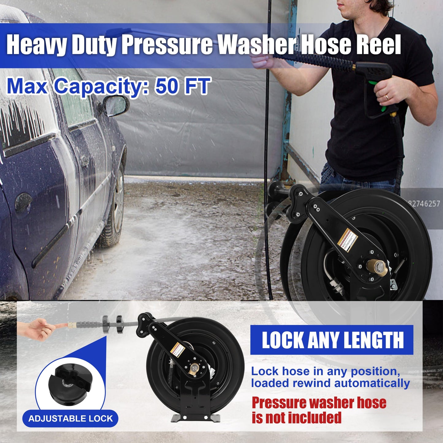 FIXFANS High Pressure Washer Hose Reel for Water/Air/Oil, 3/8" X 50 FT Steel Dual Arm Auto-Retractable Power Wash Hose Reel, Heavy Duty Hose Reel 4000 PSI