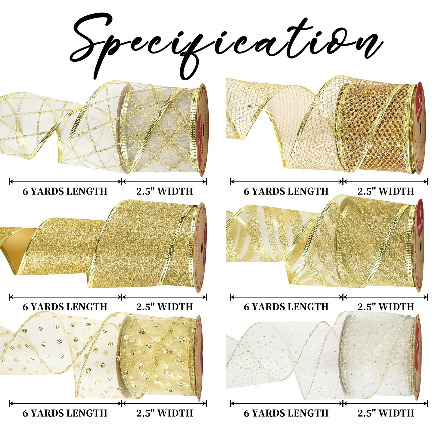 MEEDEE White and Gold Ribbon for Christmas Tree 2.5 Inch 6 Rolls 36 Yards Christmas Ribbons Gold Ribbons for Christmas Tree Decoration Garland Wire Mesh Ribbon for Wreaths