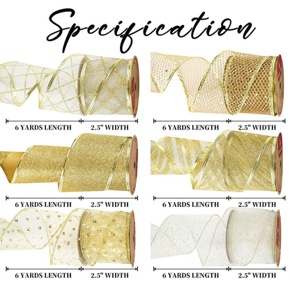 MEEDEE White and Gold Ribbon for Christmas Tree 2.5 Inch 6 Rolls 36 Yards Christmas Ribbons Gold Ribbons for Christmas Tree Decoration Garland Wire Mesh Ribbon for Wreaths