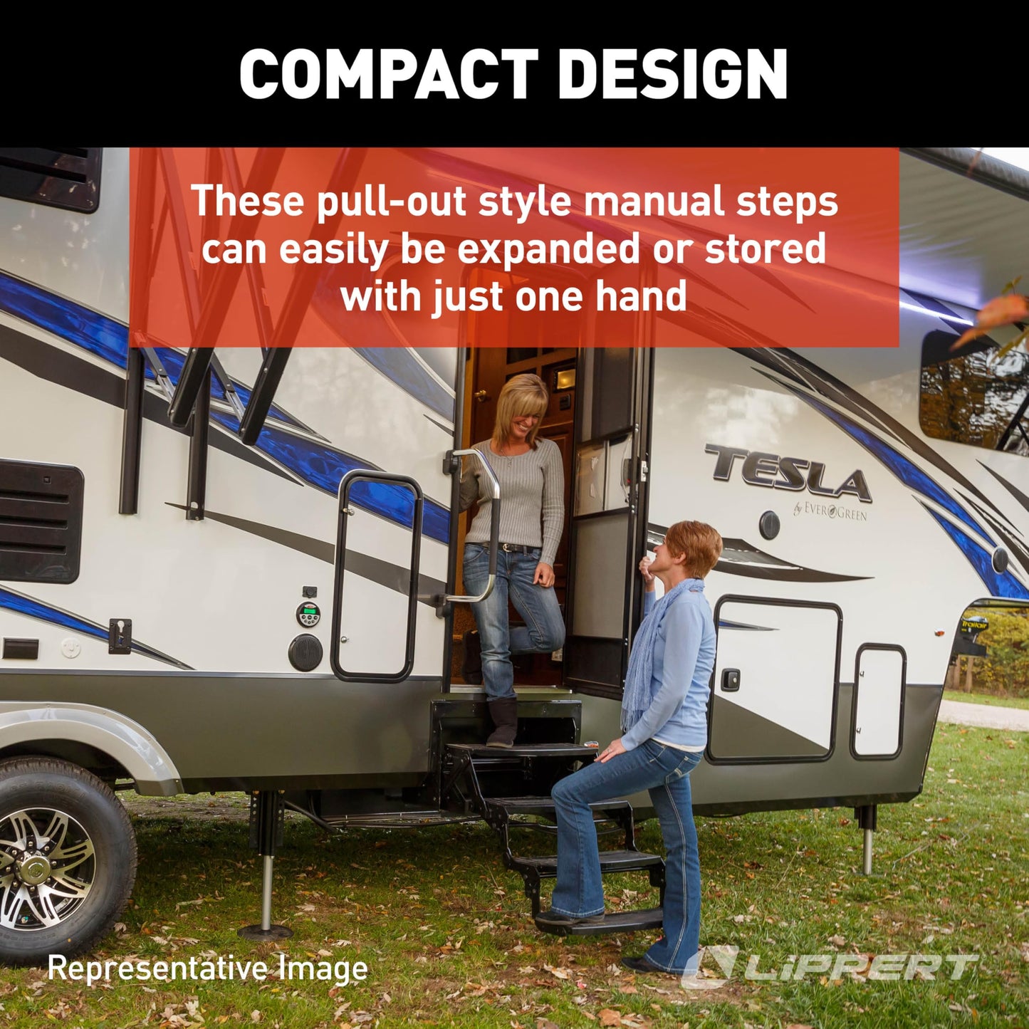 Lippert Components Radius 24" Single Manual RV Step Assembly, 300 lbs. Anti-Slip Steps, Compact One-Hand Expand or Collapse, Black Powder Coat, Travel Trailers, 5th Wheels, Campers - 432678