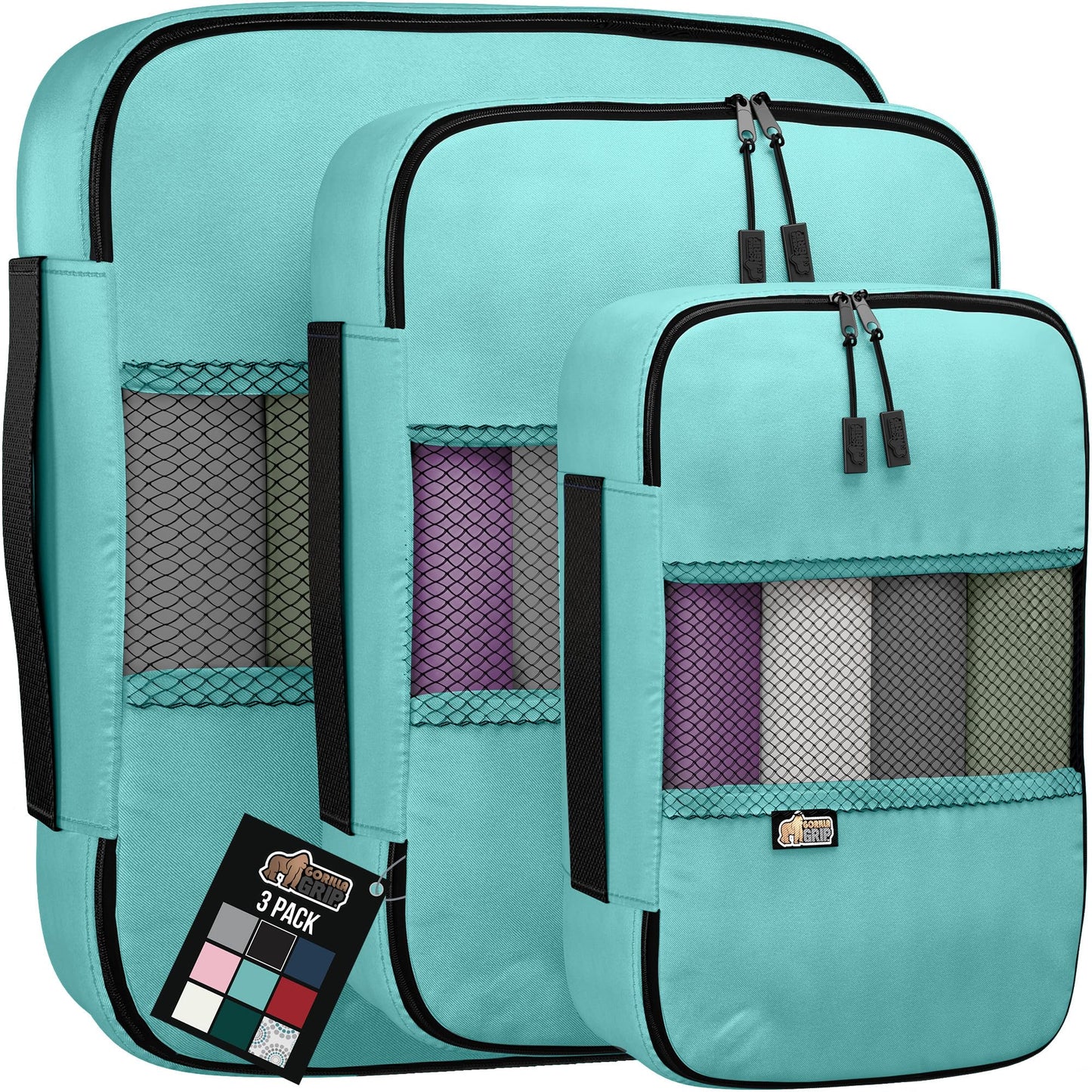 GORILLA GRIP Packing Cubes, Travel Essentials for Suitcase, Mesh Organizer Bags for Clothes Toiletries Shoes and Laundry, Luggage and Carry On Airplane Accessories, Traveling Must Have 3 Set Turquoise