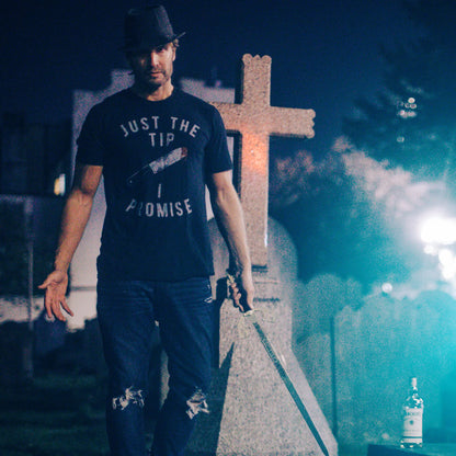 Crazy Dog Men's Halloween T Shirt Just The Tip I Promise Pun Themed Graphic Novelty Knife Tee Funny Innuendo Pun Shirt for Guys Crazy Halloween Tee (Heather Black) - L