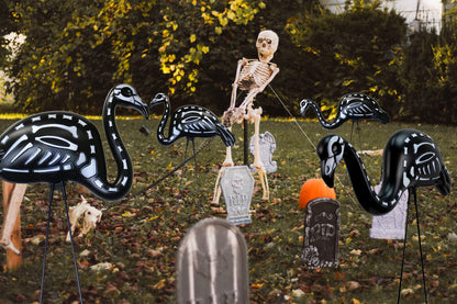 GIFTEXPRESS 2-Pack Halloween Black Flamingo Skeleton, Zombie Flamingos, Skull Flamingo with Stakes for Halloween Lawn Ornaments, Spooky Graveyard Decorations
