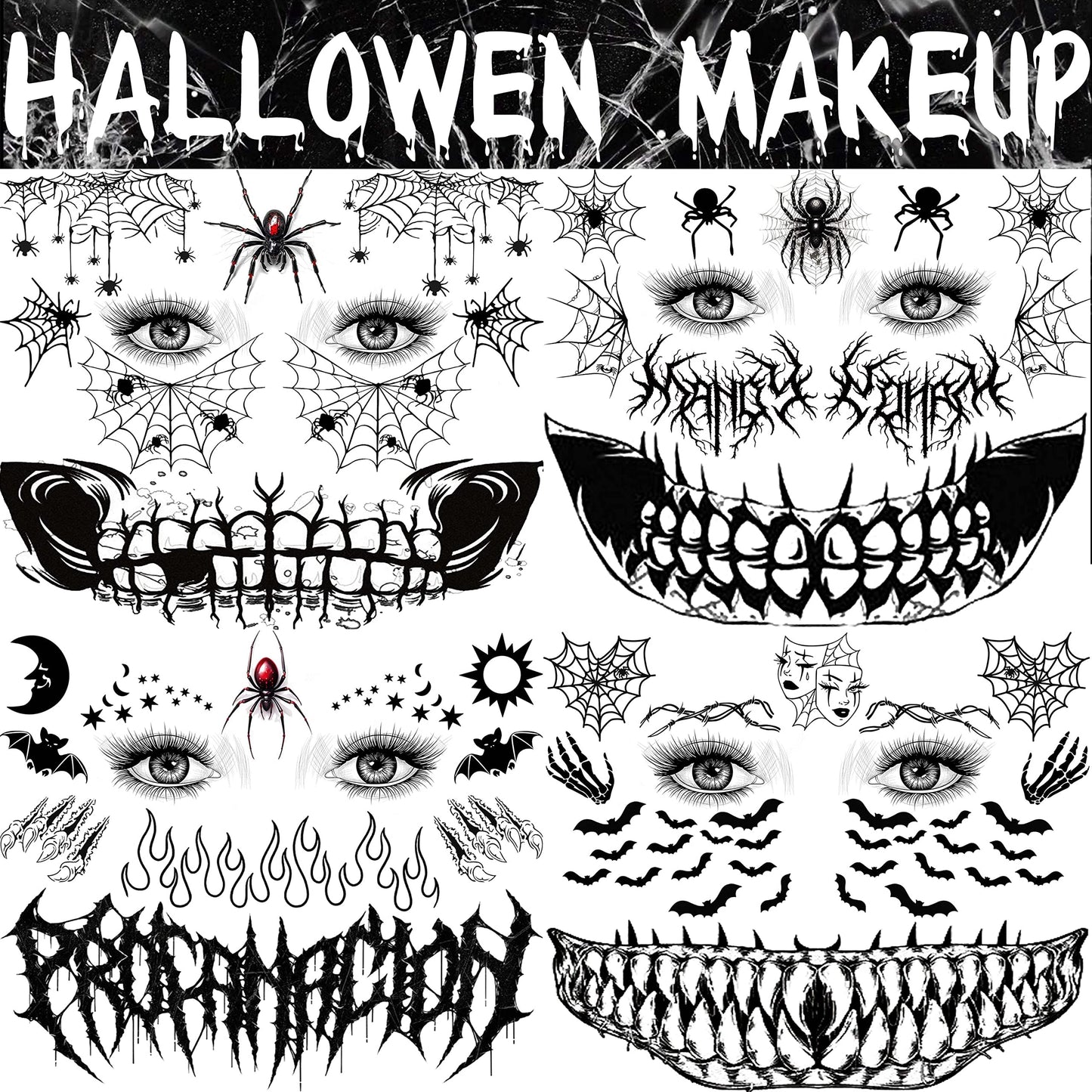 COKTAK 4 Sheet Scary Halloween Face Tattoos For Women Men Adults, Fake Wound Scars Witch Makeup For Halloween Chucky Zombie Makeup Kit, 3D Spider Web Face Tattoo Sticker Halloween Face Decals Paint