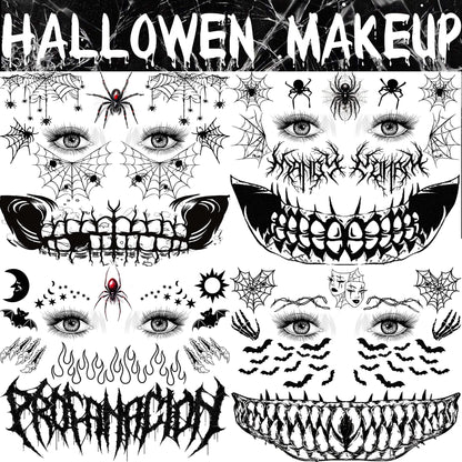 COKTAK 4 Sheet Scary Halloween Face Tattoos For Women Men Adults, Fake Wound Scars Witch Makeup For Halloween Chucky Zombie Makeup Kit, 3D Spider Web Face Tattoo Sticker Halloween Face Decals Paint