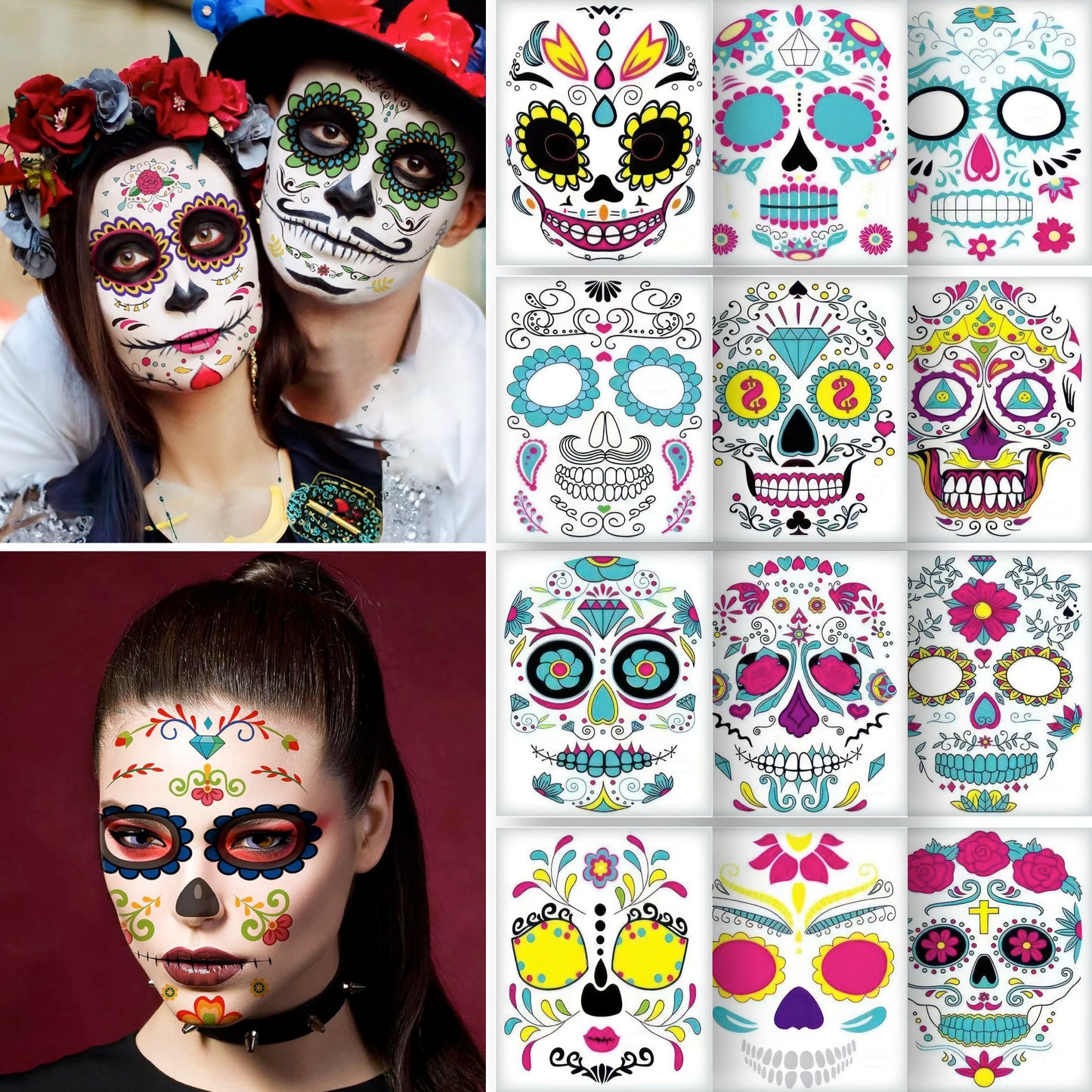 12 PCS Day of the Dead Costume Tattoos for Halloween - Temporary Sugar Skull Face Stickers for Makeup, Masquerade, Parties. Halloween tattoos, Face & Body Tattoos for Events. Day of the Dead Tattoos