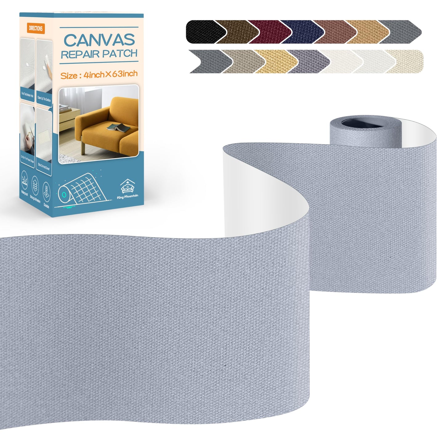 KING MOUNTAIN Canvas Repair Tape,Outdoor Gear Patch, 4×63 Inches,Waterproof,Self-Adhesive for Repairing Boat Covers,Sun Shades,Sofas,Tents,Lounge Chairs,Awnings (Light Grey 2.0)