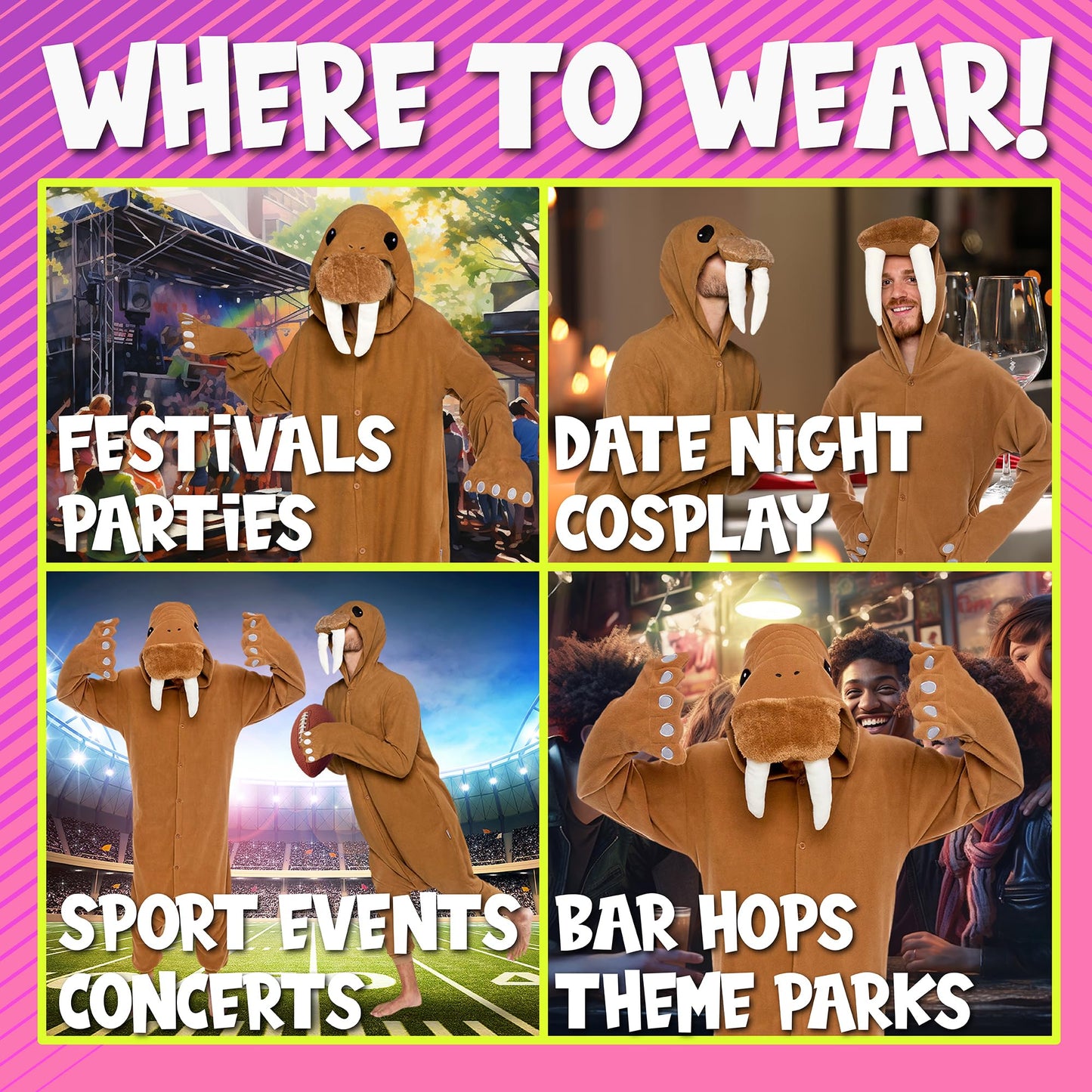 Funziez! Adult Onesie Halloween Costume - Animal Dinosaur Shark - Unisex Plush One Piece Cosplay Suit for Adults, Men and Women (Large, Walrus)