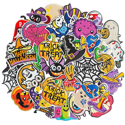 GYGYL 32Pcs Halloween Iron on Patches, Halloween Theme Cute Skull Pumpkin Ghost Black Cat Witch Bats Iron on Embroidered Patch for Jackets Backpacks Clothing