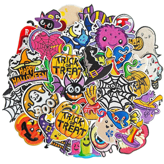 GYGYL 32Pcs Halloween Iron on Patches, Halloween Theme Cute Skull Pumpkin Ghost Black Cat Witch Bats Iron on Embroidered Patch for Jackets Backpacks Clothing