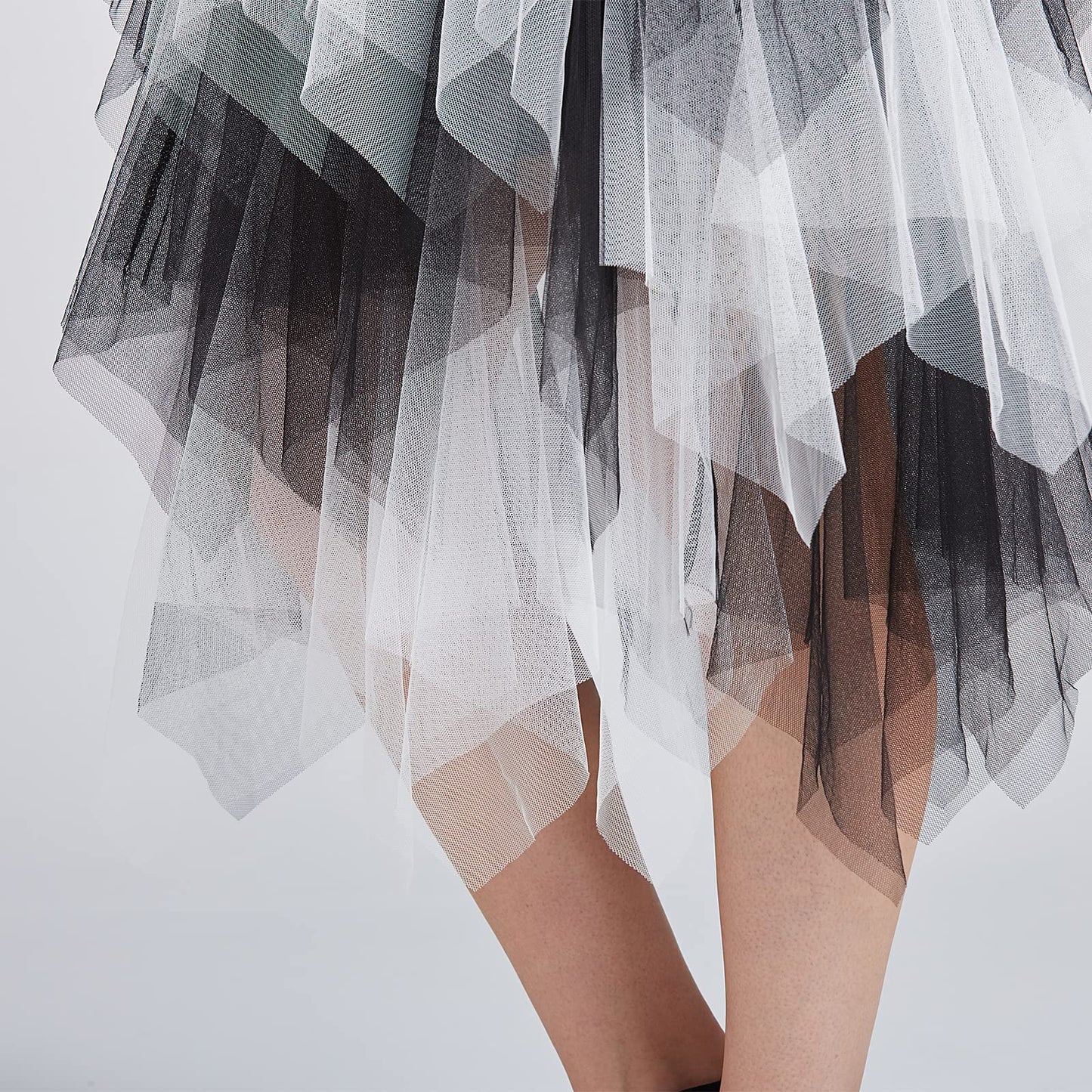 LBKKC Tulle Skirts for Women, White and Black Halloween Puffy Skirt Asymmetrical Midi Length Ruffled Tutu Layered Mesh Fairy Skirt