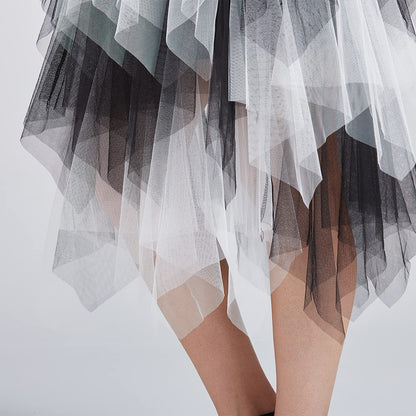 LBKKC Tulle Skirts for Women, White and Black Halloween Puffy Skirt Asymmetrical Midi Length Ruffled Tutu Layered Mesh Fairy Skirt