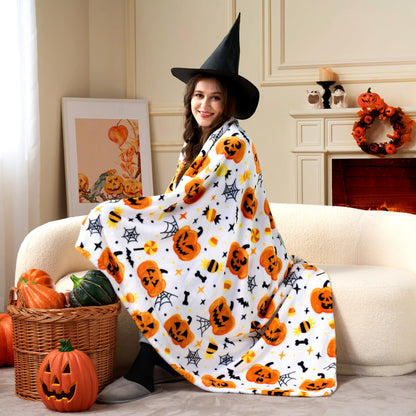 Joiedomi Halloween Throw Blanket - Soft Plush Spider Webs Bat Pumpkin Blanket - Cozy Flannel White Halloween Decoration for Party Sofa Bed Living Room 50"x60"