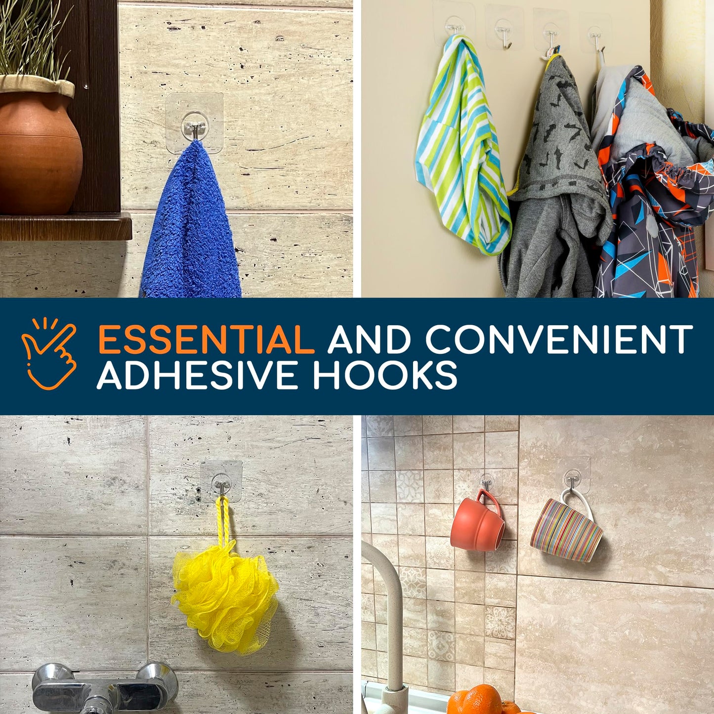 GLUIT Adhesive Wall Hooks for Hanging Heavy Duty 22 lbs Hooks for Walls No Damage, Towel Sticky Clear Hooks, Waterproof, Home, Bathroom, Kitchen, Office, and Outdoor, 40 Pack