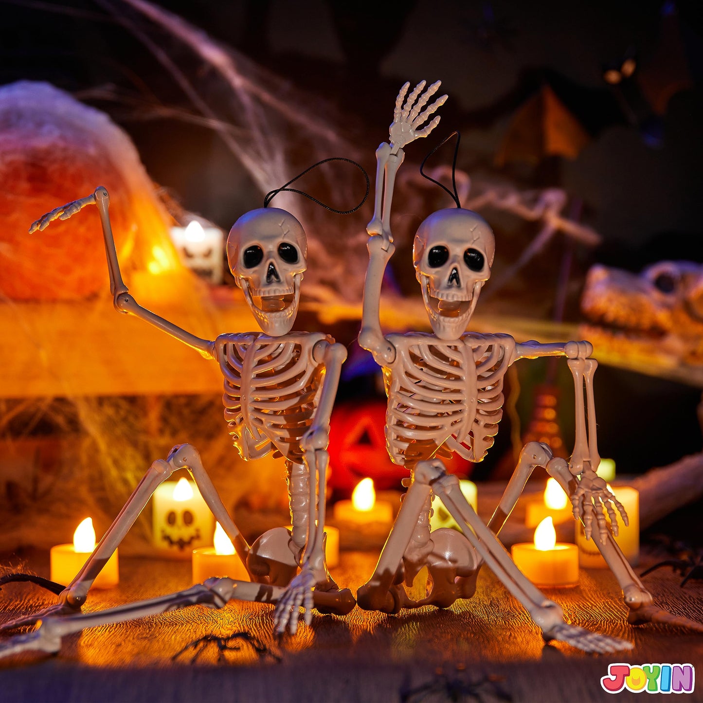 JOYIN 2PCS 16" Halloween Skeleton Decor, Full Body Stayable Movable Joints, Posable Hanging Skeletons for Halloween Decoration, Yard, Graveyard, Haunted House Props, Spooky Scene Party Favor