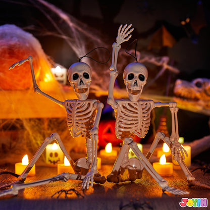 JOYIN 2PCS 16" Halloween Skeleton Decor, Full Body Stayable Movable Joints, Posable Hanging Skeletons for Halloween Decoration, Yard, Graveyard, Haunted House Props, Spooky Scene Party Favor