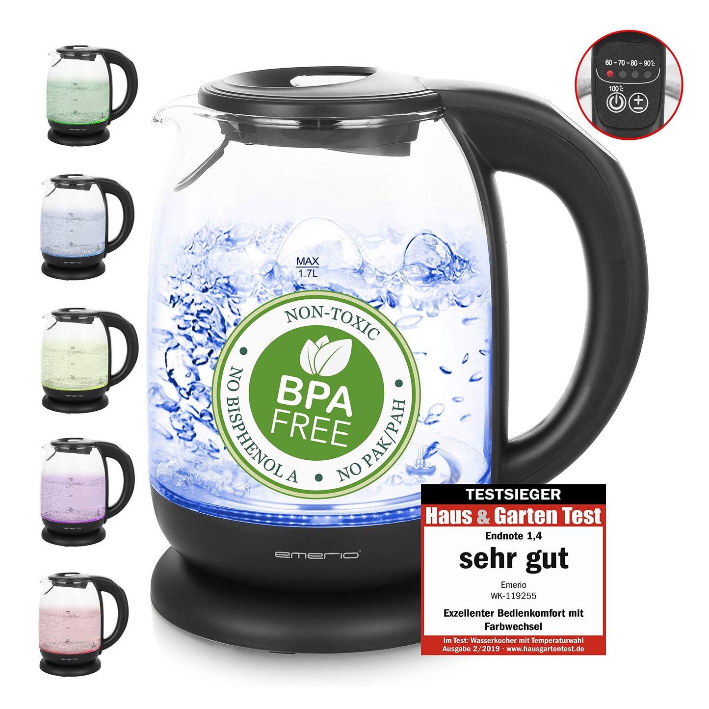 Emerio WK-119255 Electric Kettle Glass, 2200 W, 1.7 liters, Stainless Steel, Transparent Black [Energy Efficiency Class A+]