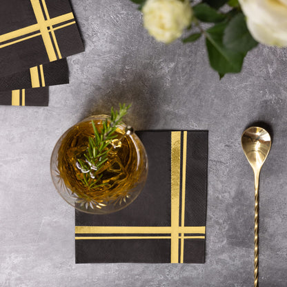 Fanxyware Gold on Black Cocktail Napkins - 100 Pack, 5" x 5", 3-Ply Paper - Style Name: Blissful Crossing