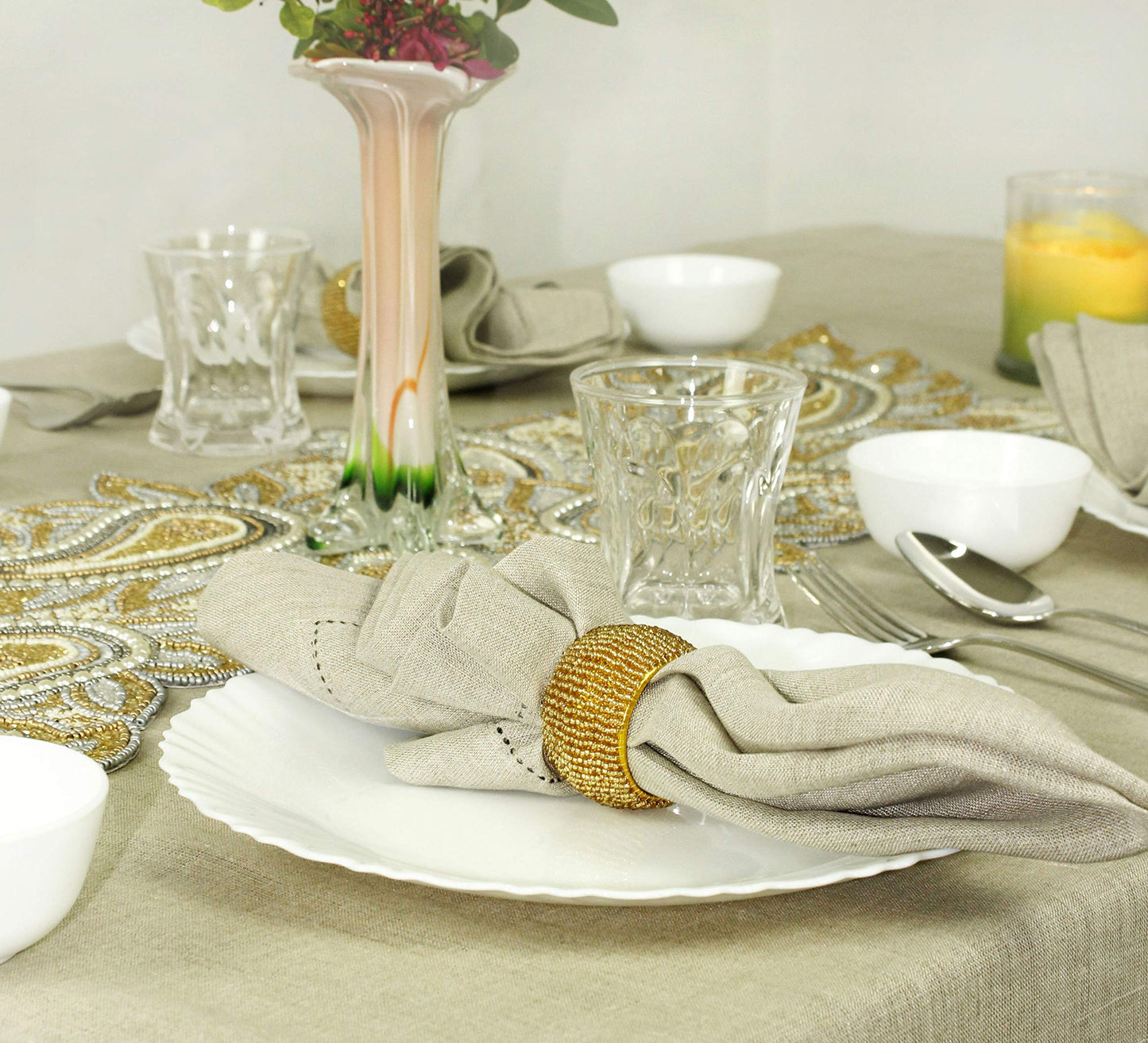 COTTON CRAFT Glitz Handmade Beaded Dining Table Napkin Rings - Set of 12 - Halloween Harvest Autumn Fall Thanksgiving Holiday Christmas Xmas Celebration Festive Party Gift Décor - Gold