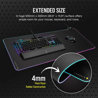 CORSAIR MM700 RGB Extended Cloth Gaming Mouse Pad - 36.6" x 15.8" - 360° RGB Lighting - Two USB Port Hub - Thick Rubber - Black