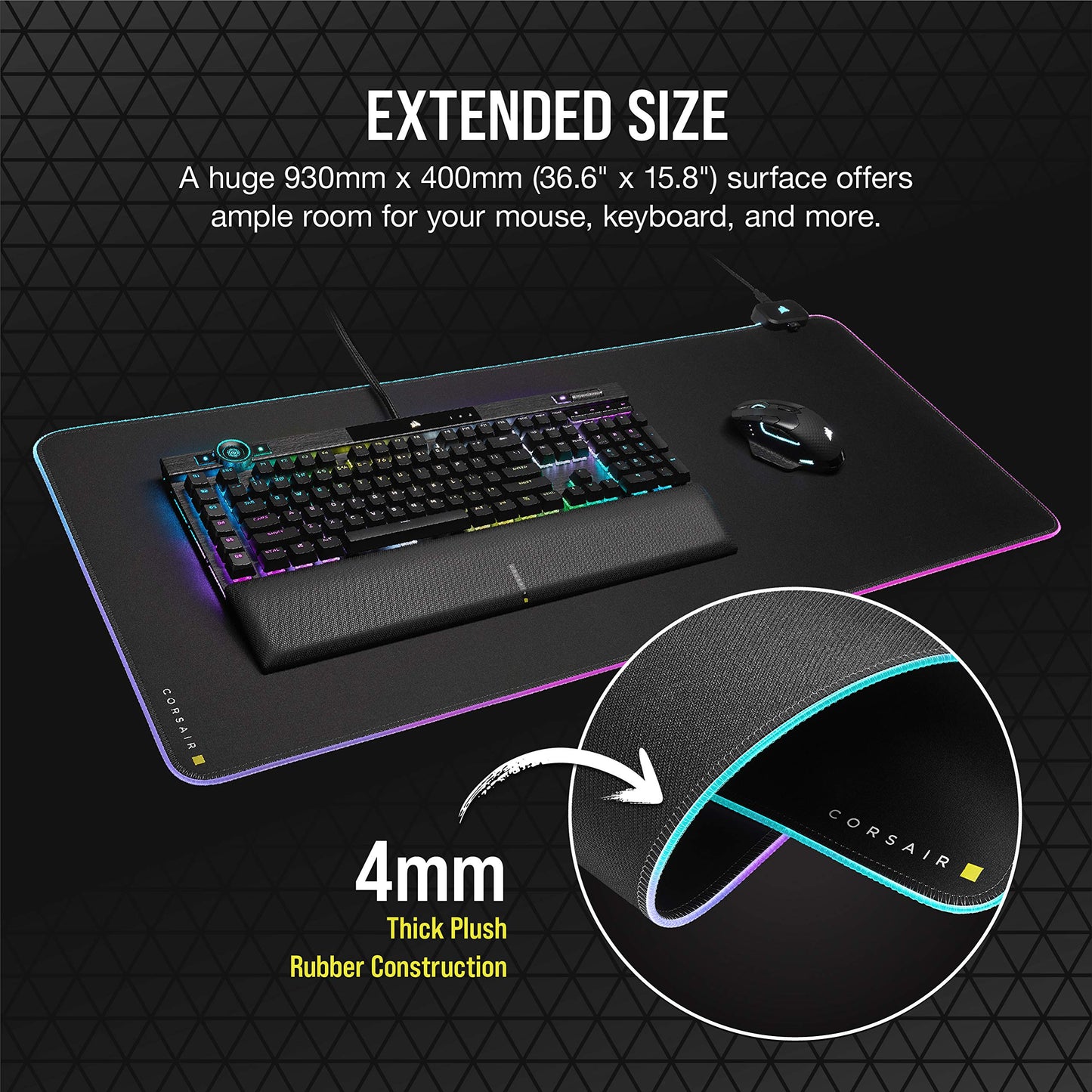 CORSAIR MM700 RGB Extended Cloth Gaming Mouse Pad - 36.6" x 15.8" - 360° RGB Lighting - Two USB Port Hub - Thick Rubber - Black