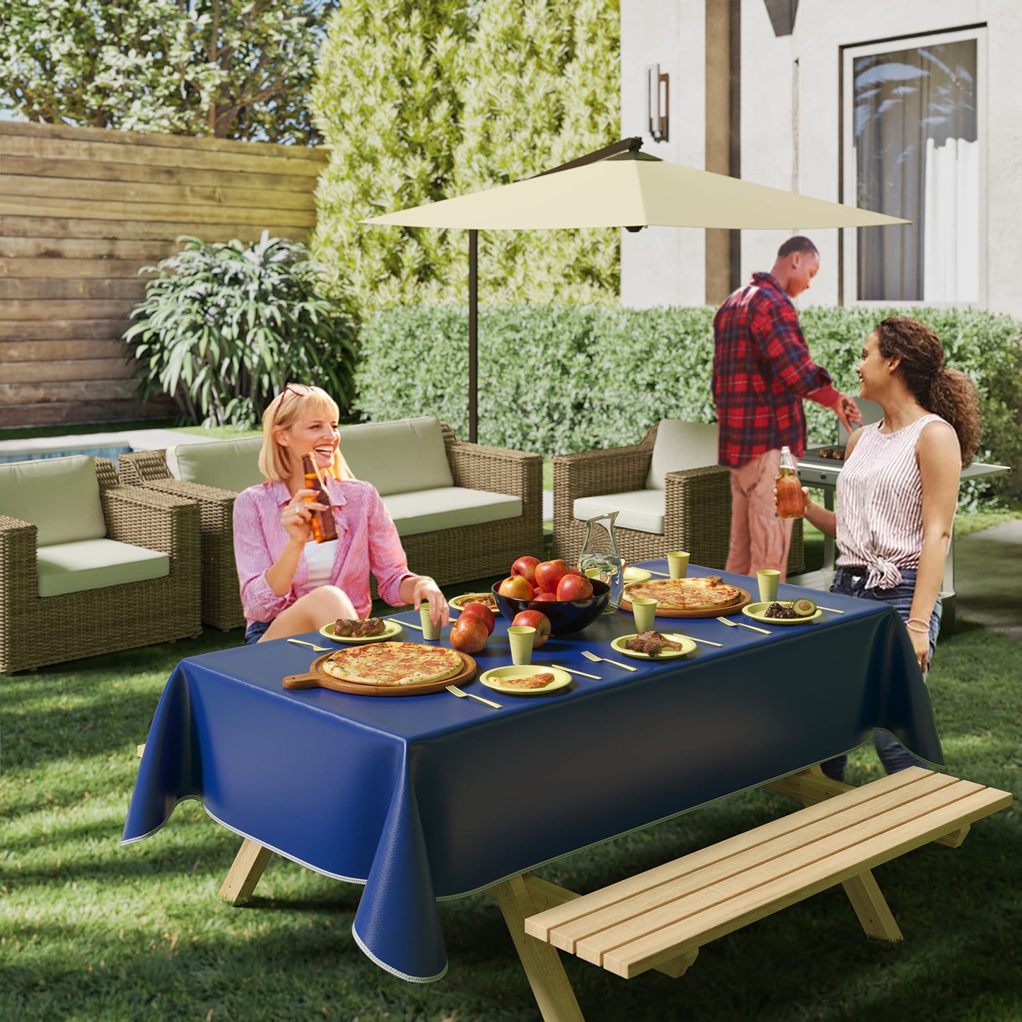 Exquisite Dark Blue Vinyl Tablecloths - 54 in. x 108 in. - Pack of 1 Rectangle Tablecloth with Flannel Backing - Plastic, Reusable & Waterproof