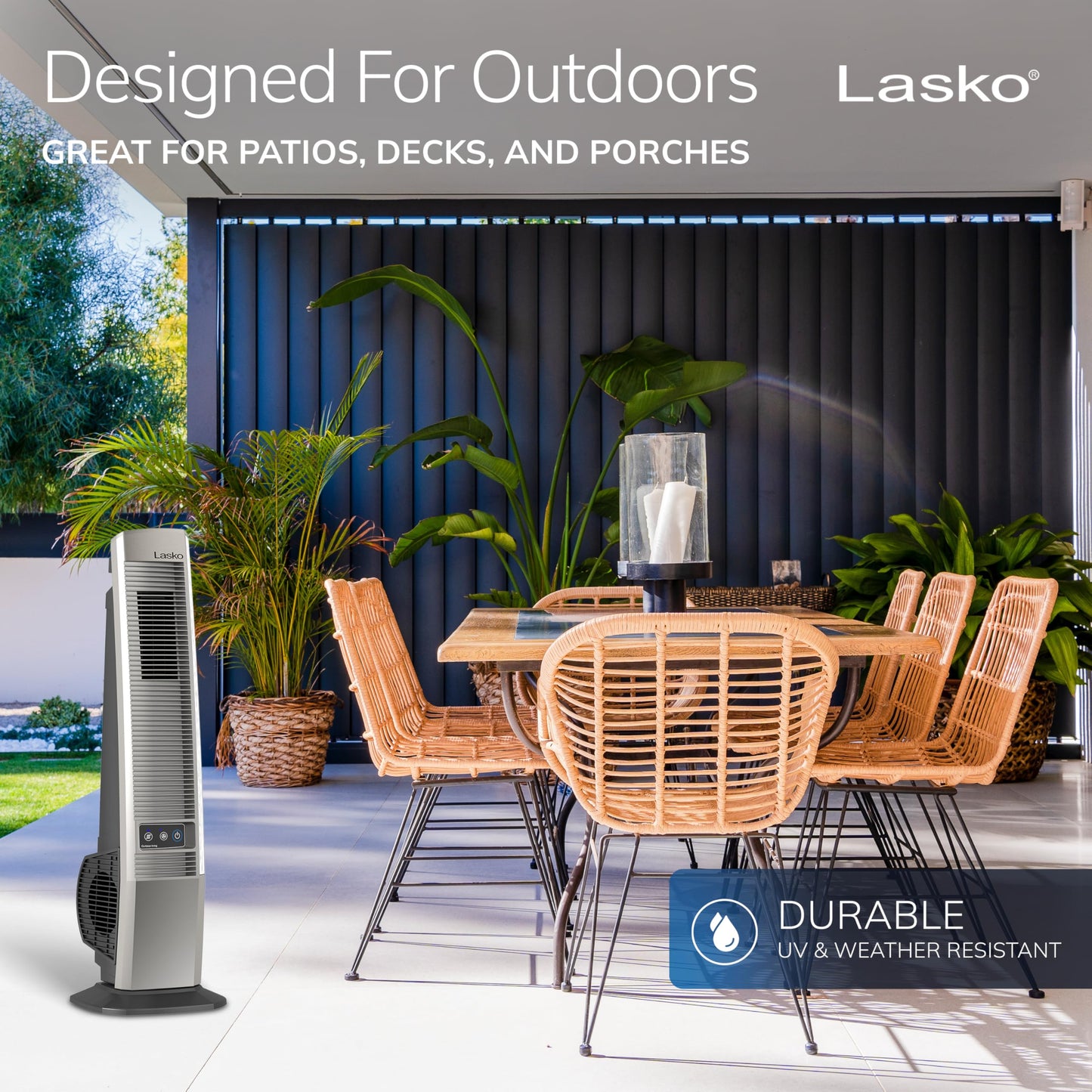 Lasko Outdoor Living Oscillating Tower Fan, for Decks, Patios and Porches, 10 Foot Power Cord, 4 Refreshing Speeds, 42", Beige, YF202