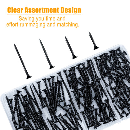 KURUI Drywall Screws Assortment Kit, #6 Black Wood Screws for Sheetrock,165pcs Picture Hanging Kit for Frame Painting Art Photo, Phillips Coarse Dry Wall Screw 4 Sizes 1",1-1/4",1-5/8",2"