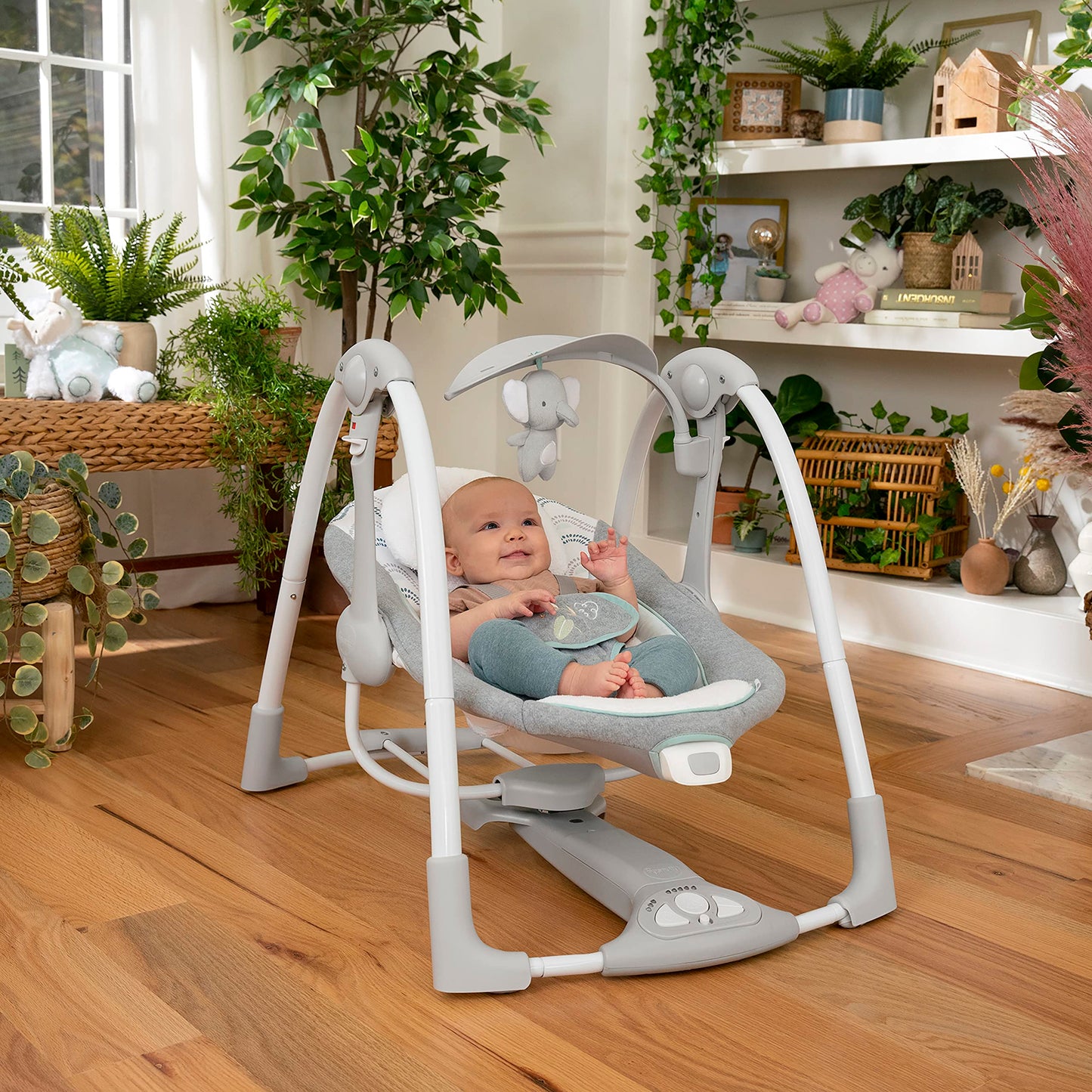 Ingenuity ConvertMe 2-in-1 Compact Portable Automatic Baby Swing & Infant Seat, Battery-Saving Vibrations, Nature Sounds, 0-9 Months 6-20 lbs (Swell)