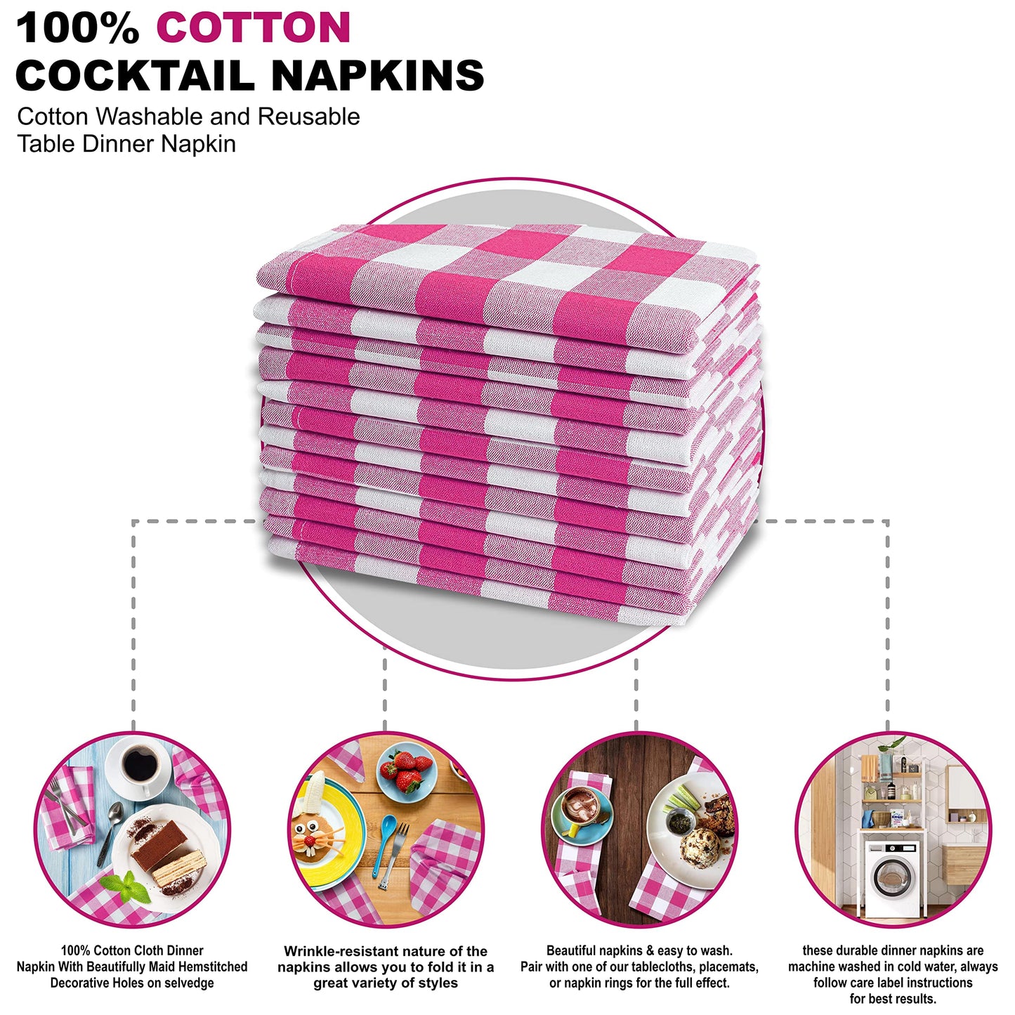 12Pack 100% Cotton Yarn Dyed Gingham Check Dinner Napkins 18x18Inch,Clambake Beach Party Nautical Dinner Napkins as Well, Color Pink/White