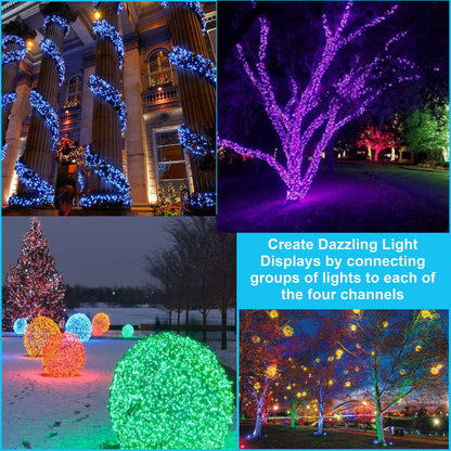 4 Channel Light Controller for Holiday Lights, Christmas Lights, Outdoor Decorations. Create Dazzling Light Displays with Multiple Functions, Chasing, Twinkle, Shooting Star, Stacking, Sparkle etc.