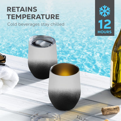 FineDine Triple Insulated Wine Tumbler With Lid (4 Pack) 12oz Stainless Steel Set- Tumblers Keep Drinks Hot & Cold for Outdoors, Beach, Picnics- Unbreakable Glasses With BPA Free Lids (White/Black)
