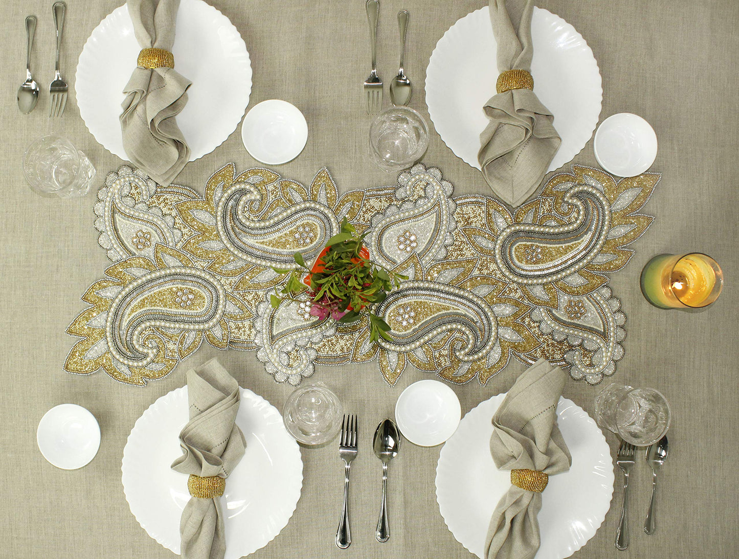 COTTON CRAFT Glitz Handmade Beaded Dining Table Napkin Rings - Set of 12 - Halloween Harvest Autumn Fall Thanksgiving Holiday Christmas Xmas Celebration Festive Party Gift Décor - Gold
