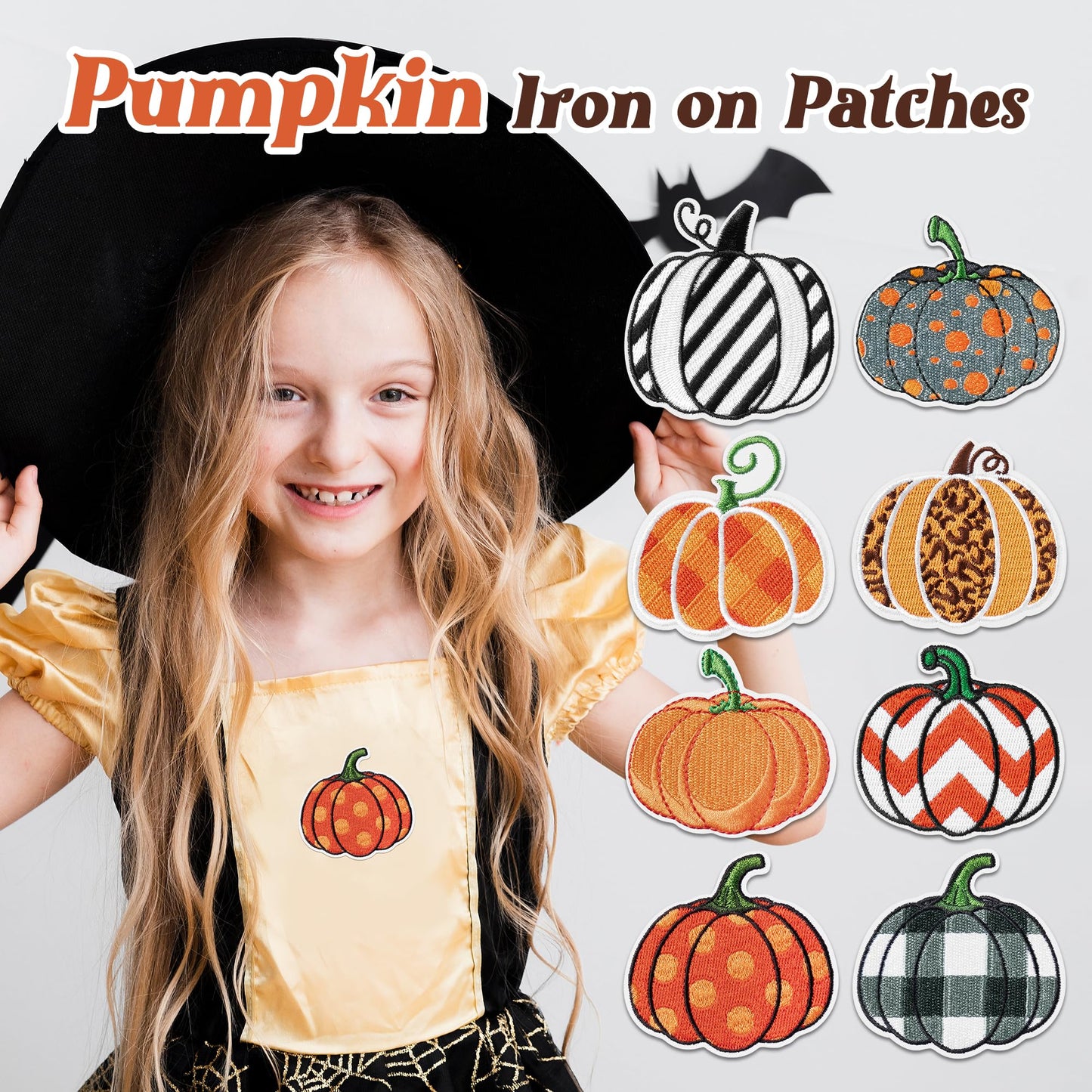Kirako 8Pcs Pumpkin Iron on Patches Fall Thanksgiving Buffalo Plaid Leopard Stripe Dot Sew on Repair Embroidered Applique Autumn Harvest Halloween DIY Craft Accessories Gifts for Clothing Backpack Hat