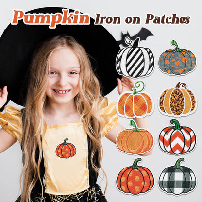 Kirako 8Pcs Pumpkin Iron on Patches Fall Thanksgiving Buffalo Plaid Leopard Stripe Dot Sew on Repair Embroidered Applique Autumn Harvest Halloween DIY Craft Accessories Gifts for Clothing Backpack Hat
