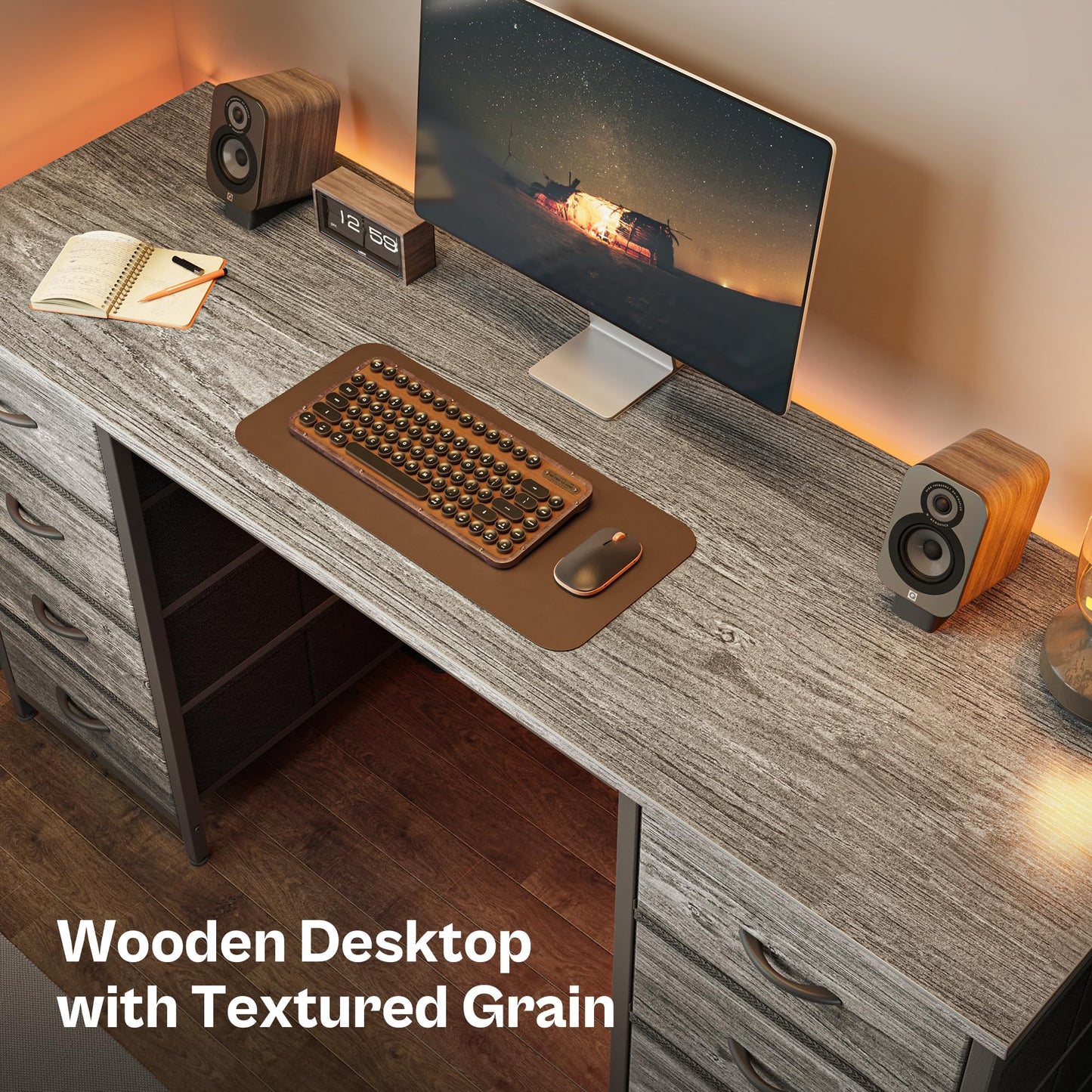 Huuger 54 Inch Computer Desk with 8 Fabric Drawers, Office Desk for Home Office, Study, Gaming Desk with Drawers, Large Storage, Grey