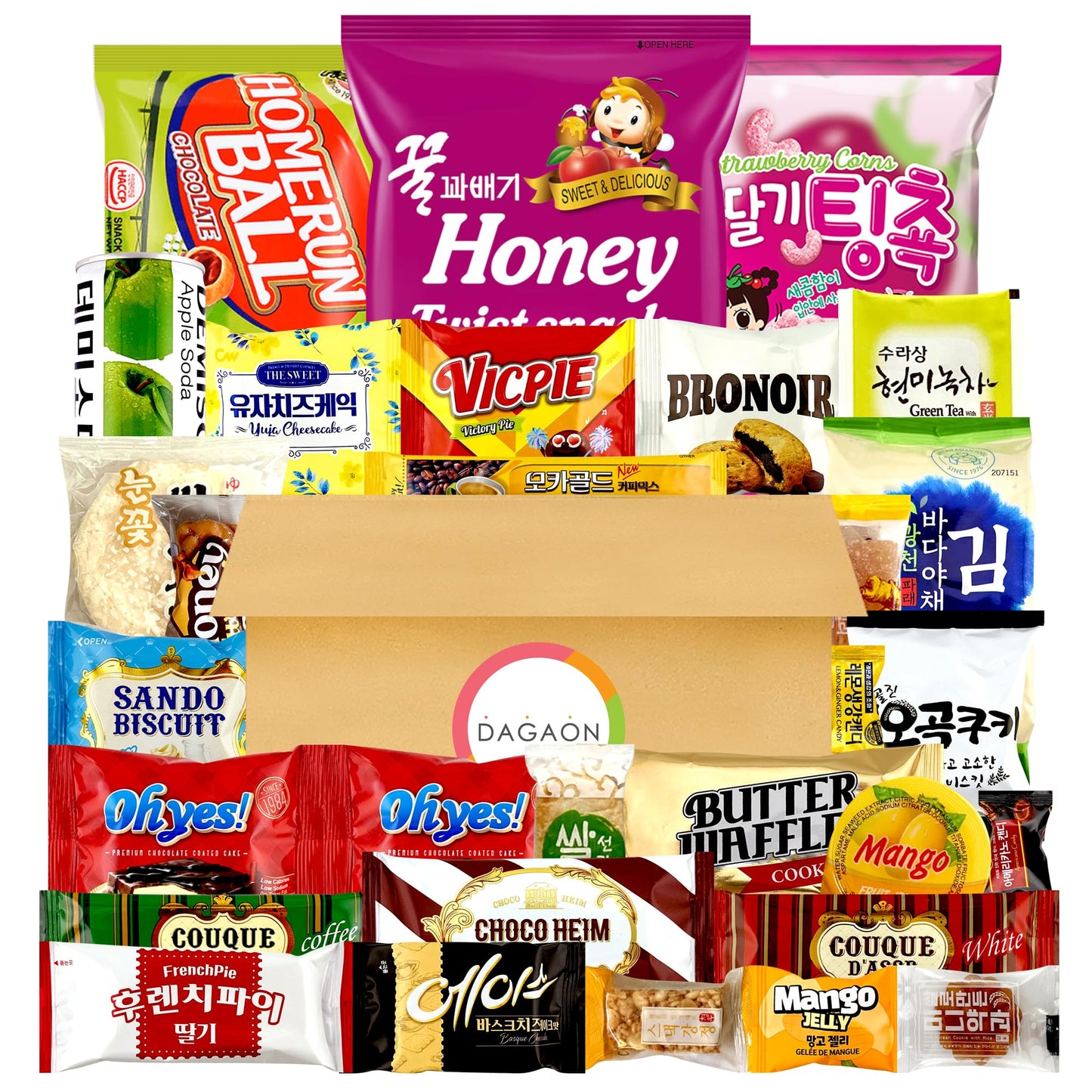 Dagaon Favorite Korean Snack Box 30 Count - Appetizing Gift and Care Package for any occasions and everyone. Variety of Korean Treats Including Top Picked Chips, Biscuits, Cookies, Pies, Candies.