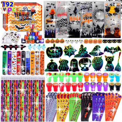 192 Pcs 24 Pack Assorted Halloween Stationery, Party Favors for Kids, Goodie Bags Stuffers Set Including Pencils, Rulers, Stamps and Erasers in Trick or Treat Bags