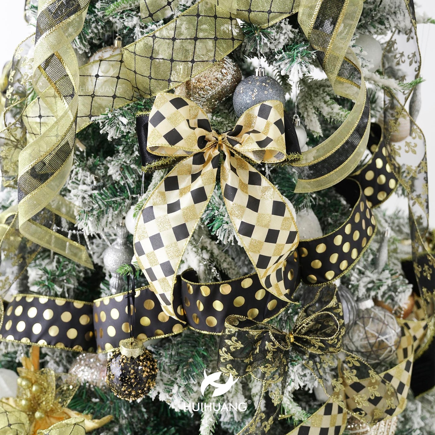 HUIHUANG Black Wired Ribbon for Christmas Tree Black and Gold Christmas Ribbons for Tree Decorations, Bows, Wreaths, Garland, Gift Wrapping, Crafts, Home Decor (2-1/2" x 6 Rolls, 36 Yds Total)