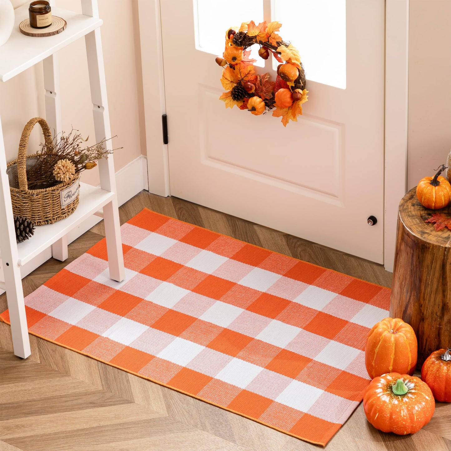 joybest Fall Buffalo Plaid Rug 27.5 x 43 Inch Orange White Front Door Mat, Cotton Hand-Woven Checkered Outdoor Rug for Front Porch, Farmhouse, Entryway