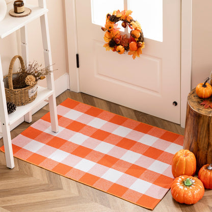 joybest Fall Buffalo Plaid Rug 27.5 x 43 Inch Orange White Front Door Mat, Cotton Hand-Woven Checkered Outdoor Rug for Front Porch, Farmhouse, Entryway