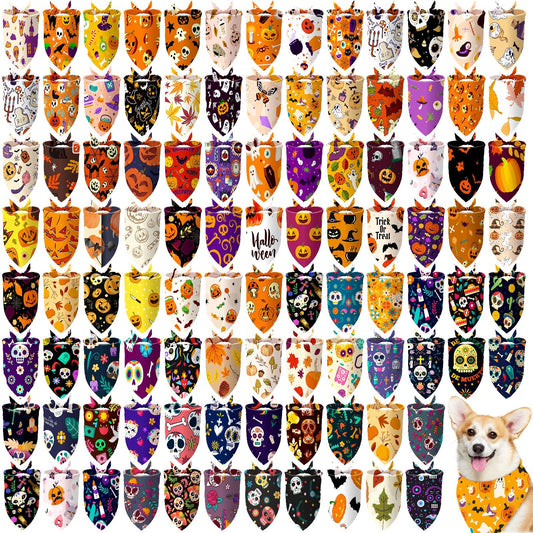 Huhumy 100 Pcs Halloween Dog Bandanas Bulk Pet Bibs Colorful Triangle Scarf Pet Bandanas for Medium Large Dogs Halloween Party Costume Decor