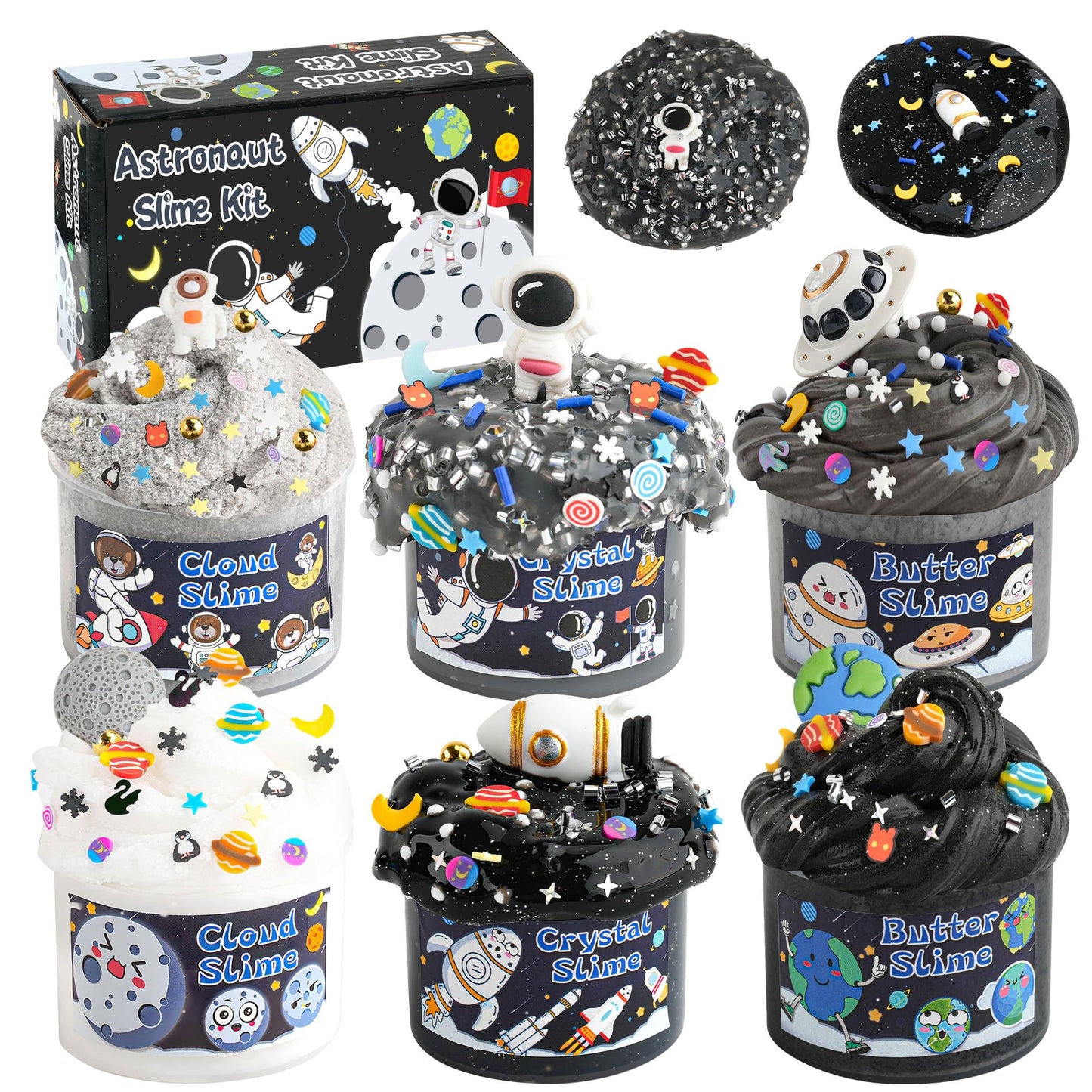 LAWOHO 6 Pack Galaxy Slime Kit for Kids- Cloud, Butter & Clear Slimes with Space Add-ins, 360ml Black Slime for Boys Girls, Kids Slime Kits for Easter Christmas Halloween Birthday, Space Party Favors