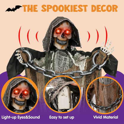 JOYIN 67" Halloween Decorations Outdoor Life Size Animatronics Grim Reaper with Chain, Sound-Actived Party Decor with Creepy Sound, Scary Haunted House Props for Garden Yard Lawn