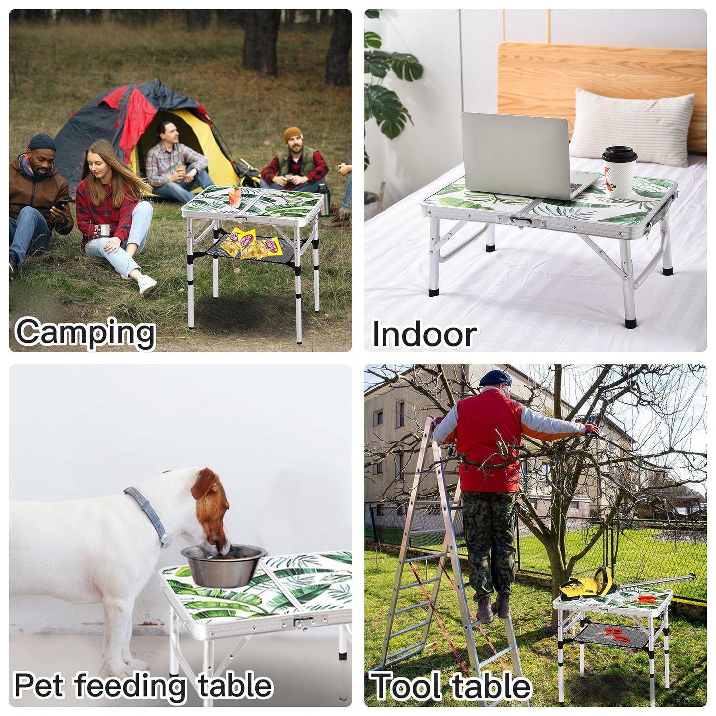 Folding Camping Table 2ft Portable Pinic Table Adjustable Height Small Card Table Aluminum Foldable Lightweight with Carry Handle for Outdoor Indoor Hiking Camp BBQ Beach (Monstera Palm Leaves)