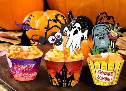 164PCS Halloween Cupcake Toppers Wrappers - Spider Web Pumpkin Zombie Hand Cake Party Decorations Supplies