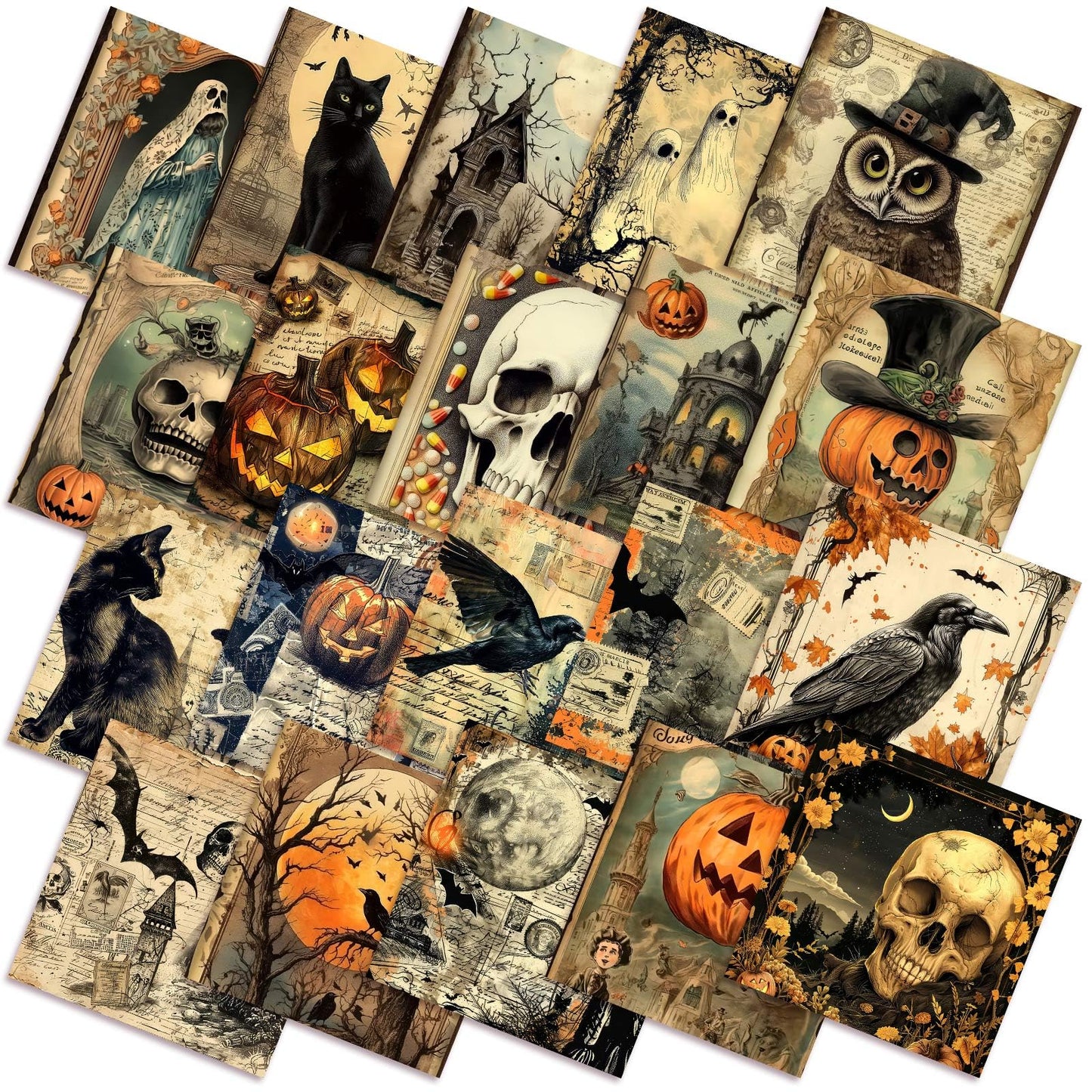 HunnmingRe 20 Pcs 10''x10'' Vintage Halloween Quilting Fabric Square Spooky Gothic Quiltted Fabric Bundle Pumpkin Skull Cat Precuts Printed Patchwork Supplies for Holiday DIY Sewing Craft