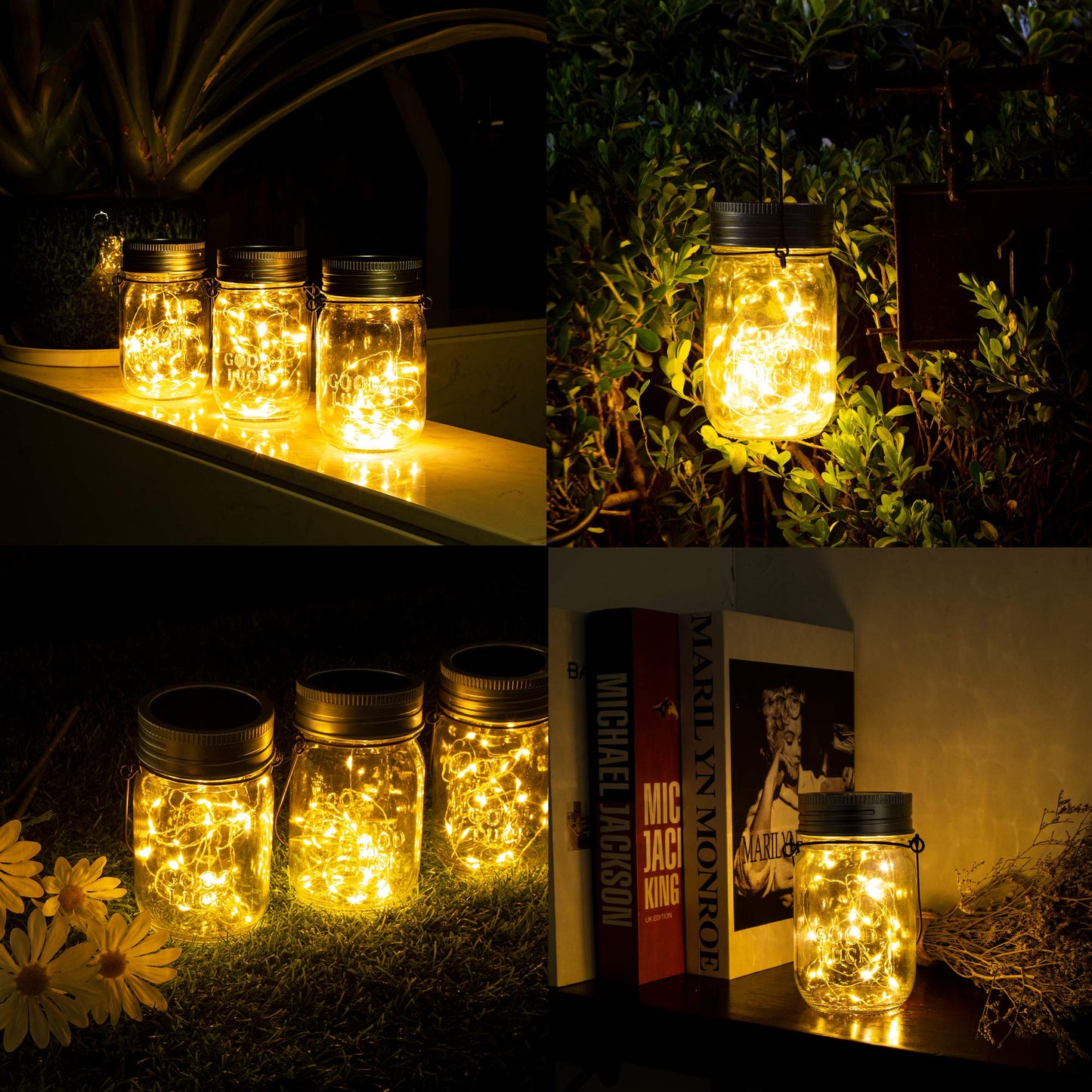 GIGALUMI Hanging Mason Jar Solar Lights, 6 Pack 30 Led Hanging Solar Lanterns Outdoor Waterproof, Hangers and Jars Included, Outdoor Decor for Balcony, Garden, Patio, Yard, Wedding