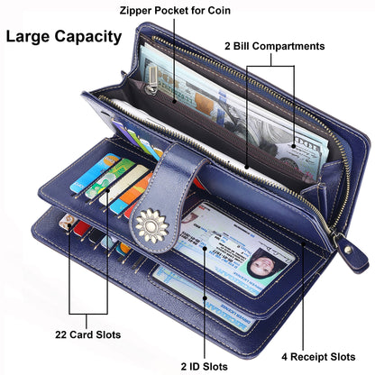 Lavemi Womens Large Capacity Genuine Leather RFID Blocking Wallets Wristlet Clutch Card Holder(1- Blue)